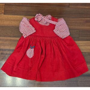 Vintage Toddler Girl Red Corduroy Apple Dress & Gingham Shirt Set